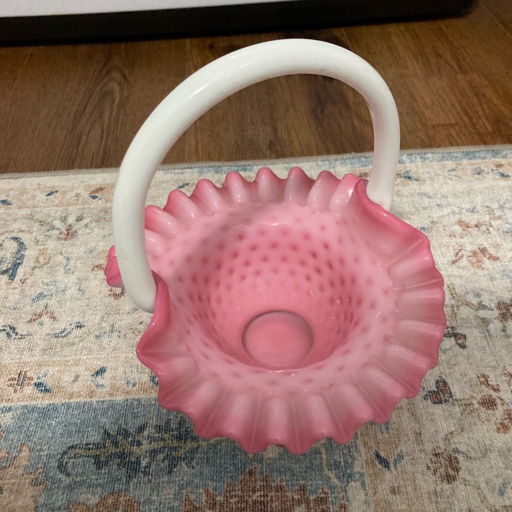 Pink and White milk glass Fenton Ruffle Bowl basket